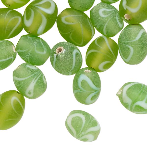 Bead, lampworked glass, translucent matte green and white, 9mm-13x9mm oval with swirl design. Sold per pkg of 40 beads. image number 0
