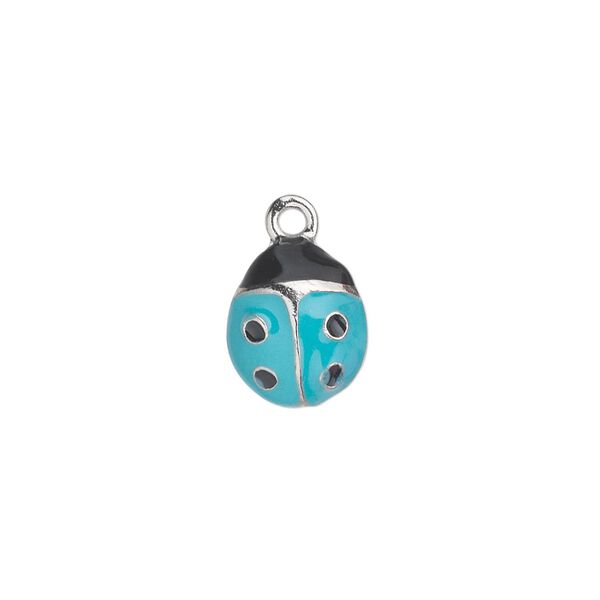 Charm, antiqued pewter (tin-based alloy) with enamel, blue, 12x10mm single-sided ladybug. Sold individually. image number 0