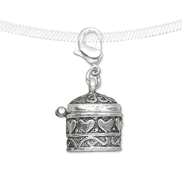 Drop, antique silver-finished "pewter" (zinc-based alloy), 15x13mm cylinder prayer box with hearts and swirls design with magnetic closure and lobster claw clasp. Sold individually. image number 0