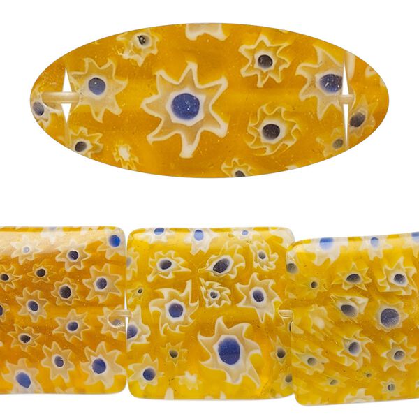 Bead, millefiori glass, translucent yellow-orange and multicolored, 17mm-19x18mm puffed square with flower design. Sold per 14-inch strand, approximately 20 beads. image number 0
