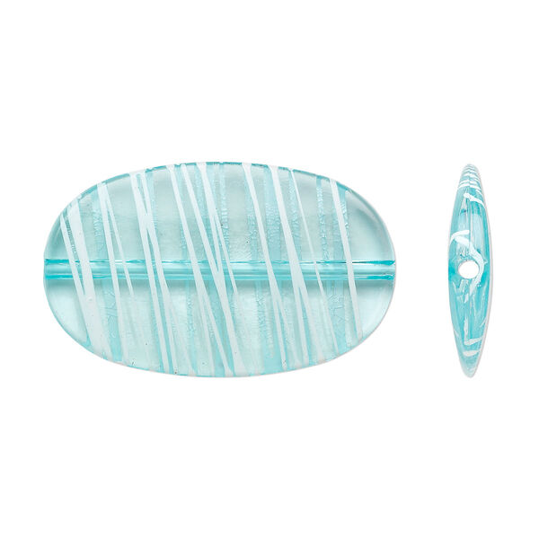 Bead, acrylic, semitransparent blue and white, 45x27mm flat oval with painted line design. Sold per pkg of 20. image number 0