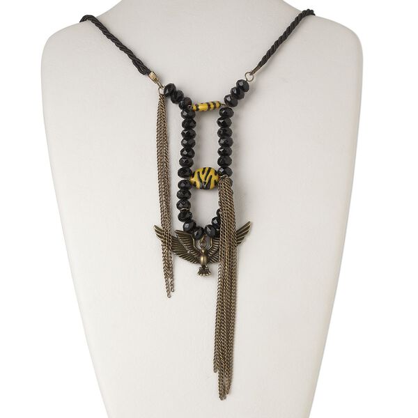 Necklace, antiqued brass / nylon / steel, black and yellow, 66x34mm single-sided eagle, 30-inch continuous loop. Sold individually. image number 0
