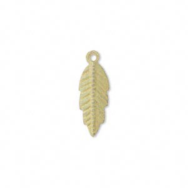 Drop, brass, earth tone olive patina, Pantone® color 15-0525, 20x7mm double-sided feather. Sold per pkg of 6. image number 0