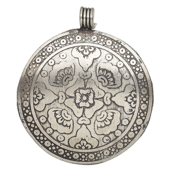 Pendant, antique silver-finished brass, 48mm single-sided round with flower design and wire-wrapped tube bail. Sold individually. image number 0
