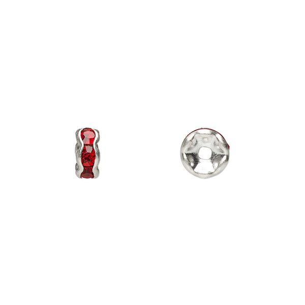 Bead, glass rhinestone and silver-plated brass, red, 6x3mm rondelle. Sold per pkg of 10. image number 0