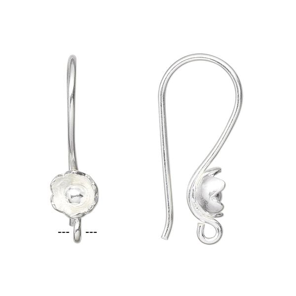 Ear wire 1pkg2 Hill Tribes fine silver, 26x7mm 6-petal flower / open loop, 1 pair image number 0
