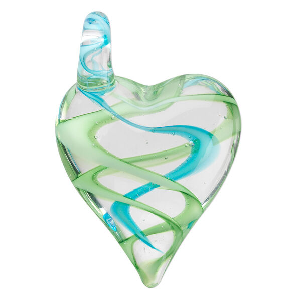 Pendant, lampworked glass, green / blue / clear, 45x30mm double-sided heart with spiral design. Sold individually. image number 0