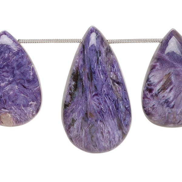 Charoite 1pkg3, hand-cut top-drilled flat back puffed teardrop bead natural graduated 27x18mm-36x20mm image number 0