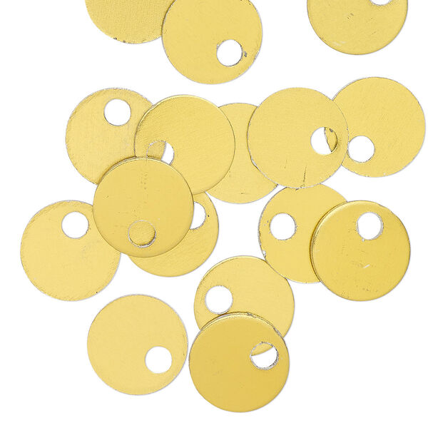 Drop, anodized aluminum, gold, 9mm double-sided flat round blank with 2mm hole, 20 gauge. Sold per pkg of 20. image number 0