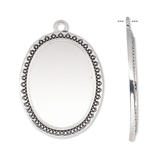 Focal, antique silver-finished "pewter" (zinc-based alloy), 31x24mm oval with beaded and triangle edge with 25x18mm oval setting. Sold per pkg of 6. image number 0