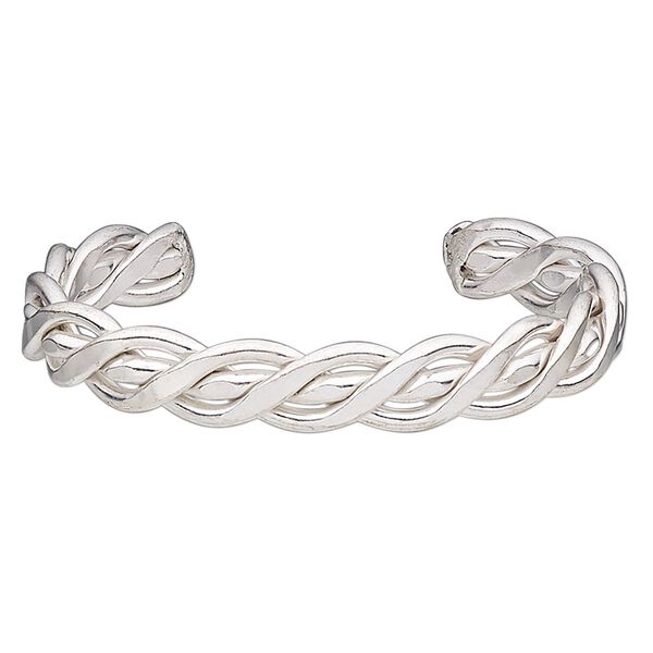 Bracelet, cuff, silver-finished brass, 12mm wide with braided design, 8 inches. Sold individually. image number 0