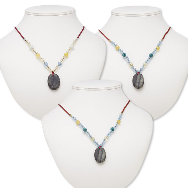 Multi-gemstone / acrylic / glass 1pkg3, oval pendant necklace mix continuous loop 20-24 inch 33x23mm-34x24mm image number 0
