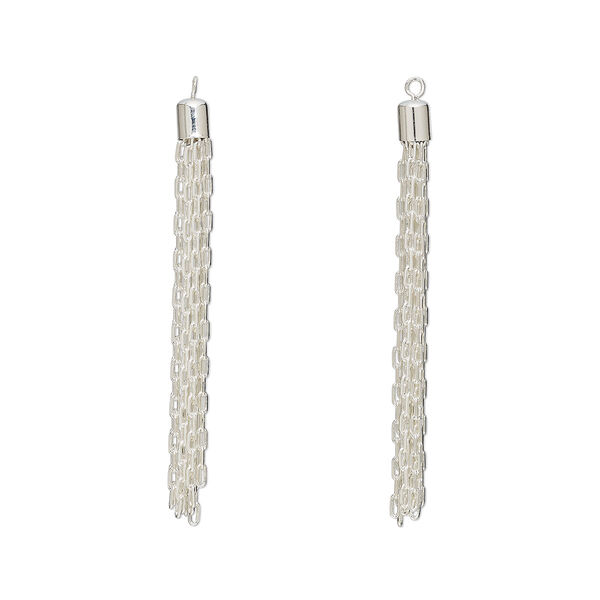 Focal, silver-plated brass, 3 x 1/4 inch tassel with cable chain. Sold per pkg of 2. image number 0