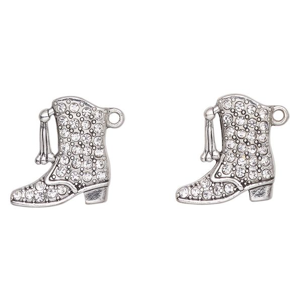 Charm, antique silver-finished "pewter" (zinc-based alloy) and glass, clear, 26x23mm cowboy boot. Sold per pkg of 2. image number 0