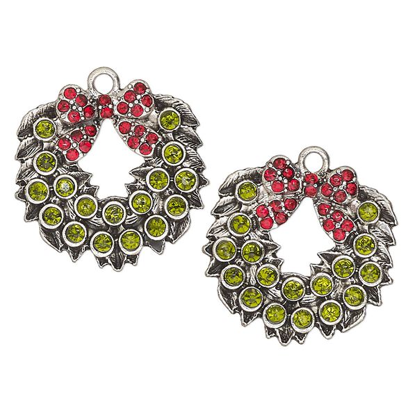 Charm, antique silver-finished "pewter" (zinc-based alloy) and glass, red and peridot green, 25x24mm single-sided Christmas wreath. Sold per pkg of 2. image number 0