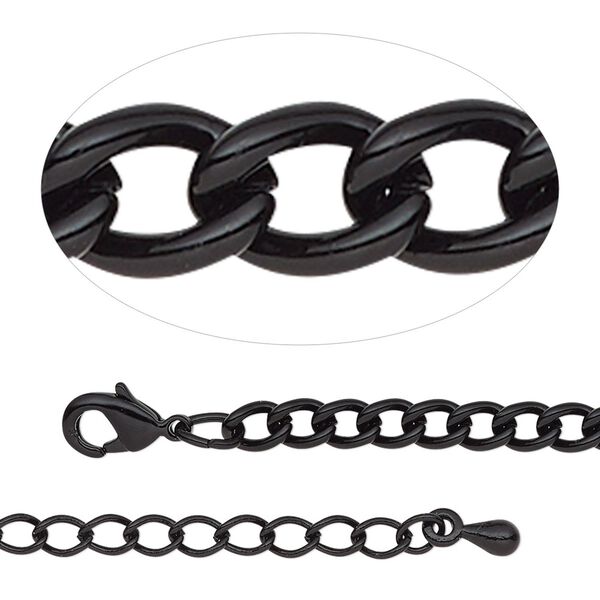 Chain, black-finished steel and brass, 3.7mm curb, 18 inches with 2-inch extender chain and lobster claw clasp. Sold individually. image number 0
