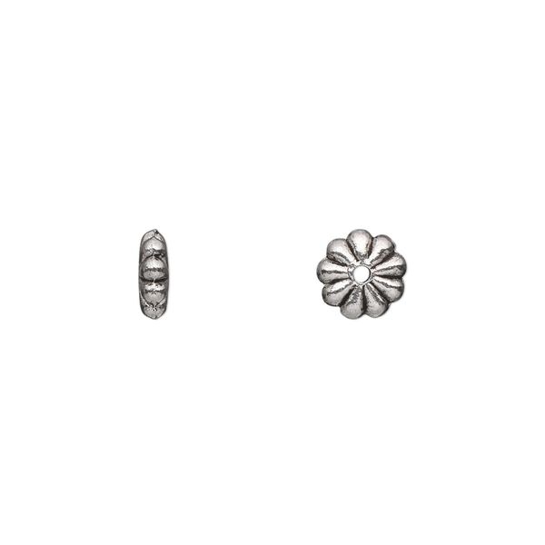 Bead, antique silver-plated "pewter" (zinc-based alloy), 7x2mm double-sided flower rondelle. Sold per pkg of 100. image number 0