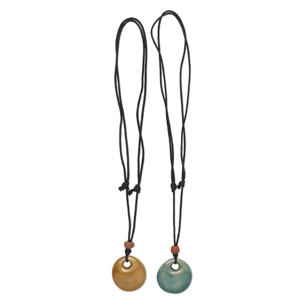 Necklace, porcelain and waxed cotton cord (dyed), black / brown / green, 35-37mm single-sided hand-painted round go-go, adjustable 16 to 32 inches. Sold per pkg of 2. image number 0
