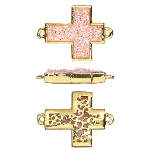 Link, Druzylite™, "druzy" (resin) and gold-finished brass, pink, 18x16mm two-sided cross with open filigree back. Sold per pkg of 4. image number 0