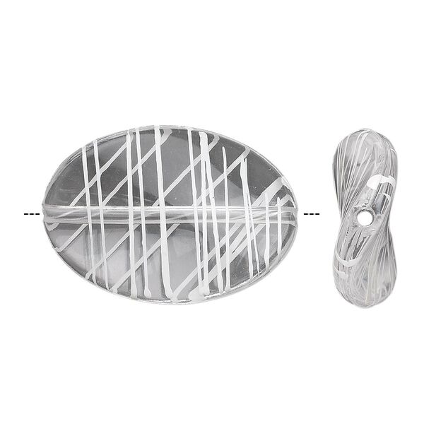 Bead, acrylic, semitransparent clear and white, 35x25mm twisted flat oval with painted line design. Sold per pkg of 28. image number 0