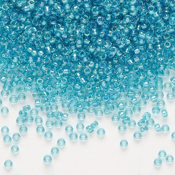 Seed bead, Miyuki, glass, pkg/25g, #11 rocaille, translucent aqua-lined luster crystal clear (RR-1822). image number 0