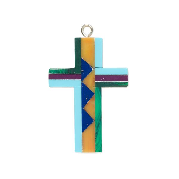Drop, resin / aluminum/ silver-finished copper, multicolored, 28.5x20mm double-sided cross with Santa Fe design. Sold individually. image number 0