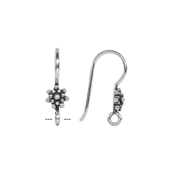 Ear wire fishhook 1pkg4 sterling silver, 19-22mm beaded rondelle / open loop, 18-20 gauge antiqued 2 pair image number 0