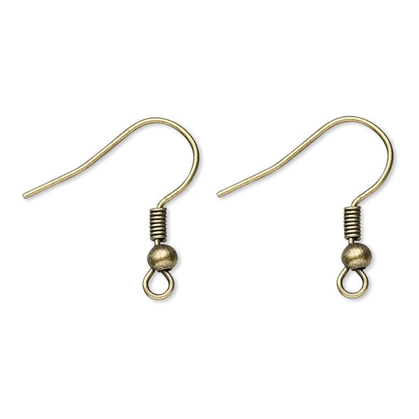 Ear wire, antique brass-plated steel, 19mm fishhook with 3mm ball and 2mm coil with open loop, 22 gauge. Sold per pkg of 50 pairs. image number 0