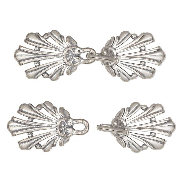 Clasp, JBB Findings, 3-strand hook-and-eye, antiqued sterling silver, 38x13mm fancy shell. Sold individually. image number 0