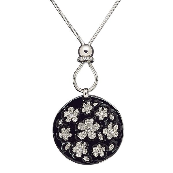 Necklace, glass rhinestone / enamel / silver-finished brass / steel / "pewter" (zinc-based alloy), black and clear, 45mm round with raised cutout flower design, 34 inches with 2-inch extender chain and lobster claw clasp. Sold individually. image number 0