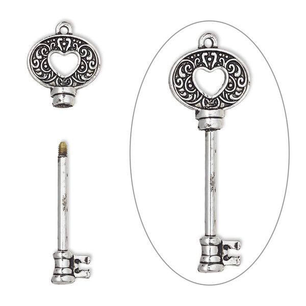 Focal, bead pin, antique silver-finished brass and "pewter" (zinc-based alloy), 52x19mm single-sided key with oval and swirls design with cutout heart and twist-off head, 25mm beadable length. Sold individually. image number 0