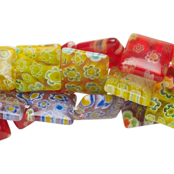Bead, millefiori glass, translucent multicolored, 11-13mm puffed square with flower design. Sold per 14-inch strand. image number 0