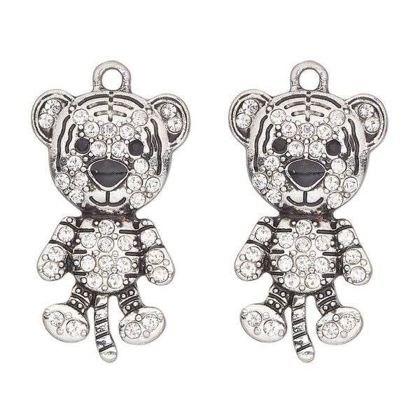 Charm, antique silver-finished "pewter" (zinc-based alloy) and glass, clear and black, 29x17mm single-sided tiger. Sold per pkg of 2. image number 0