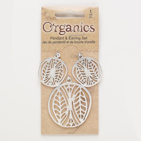 Focal and drop, silver-finished "pewter" (zinc-based alloy), 25x24mm and 38x37mm matte freeform with cutout leaf design. Sold per pkg of 3. image number 0