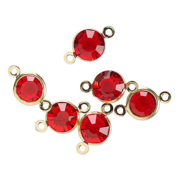 Link, glass rhinestone and gold-finished brass, ruby red, 8-9mm faceted round. Sold per pkg of 6. image number 0
