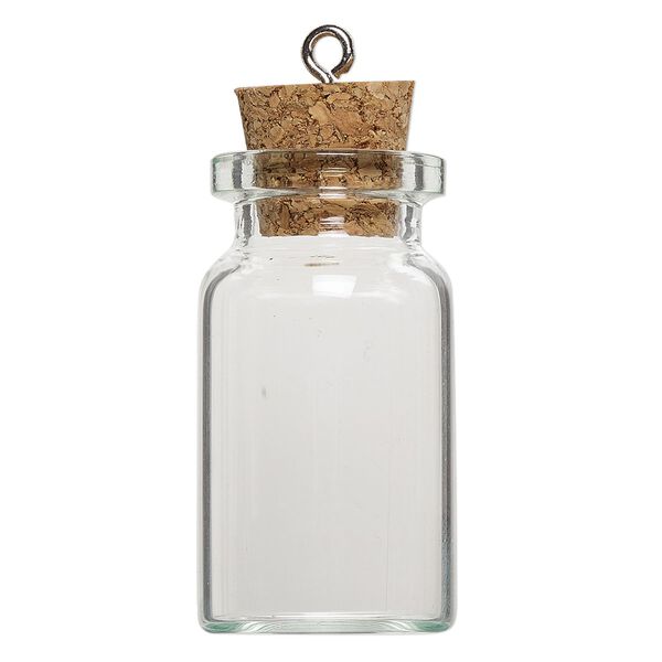 Component, glass / cork / nickel-finished steel, clear, 40x22mm bottle with stopper and screw eye. Sold per pkg of 10. image number 1