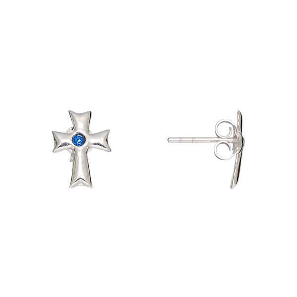 Earstud, Everyday Jewelry, crystals and sterling silver, sapphire blue, 11x8mm cross with post. Sold per pair. image number 0