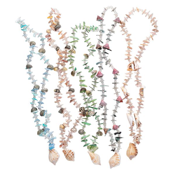 Necklace mix, multi-shell (natural / dyed), multicolored, 4-38mm with centerpiece shell and acrylic AB spacers, 25-inch continuous loop. Sold per pkg of 5. image number 0