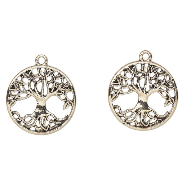 Charm, antique gold-finished "pewter" (zinc-based alloy), 23mm round with tree of life cutout. Sold per pkg of 2. image number 0