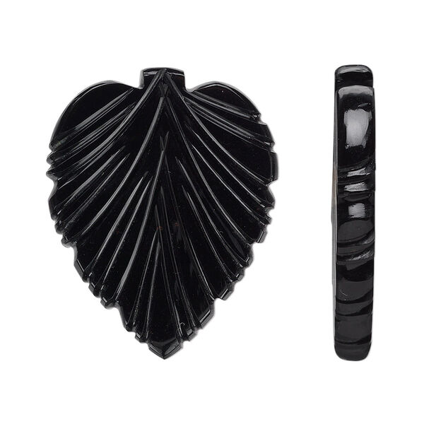 Black onyx 1pkg3, hand-cut half-drilled 2-sided carved leaf bead 29x25mm / 16x14mm image number 0