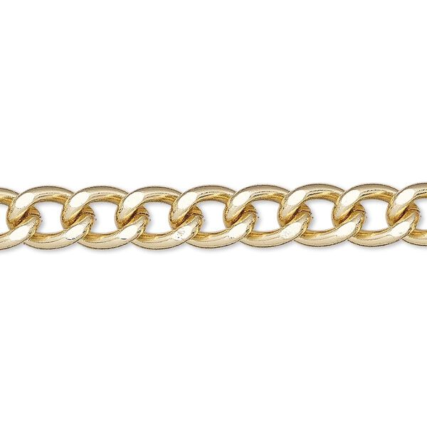Chain, gold-finished steel, 7mm flat curb. Sold per pkg of 5 feet. image number 0