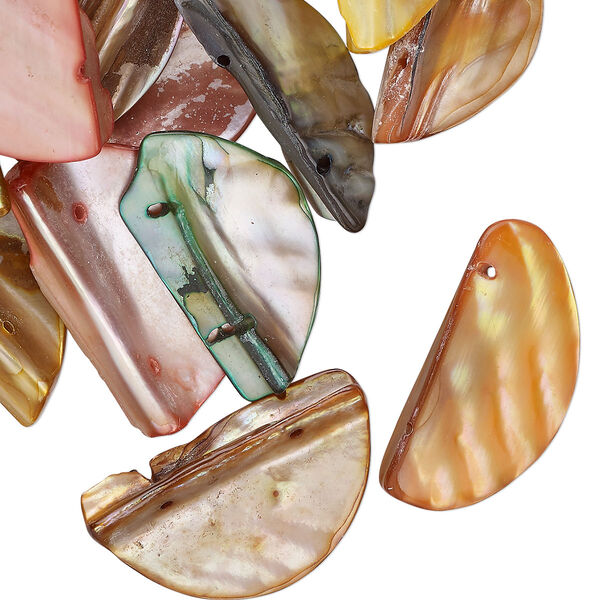 Bead mix, spacer, 2-strand, mother-of-pearl shell (bleached/dyed), mixed AB colors, 27x14mm-32x18mm half-moon, fits up to 12mm beads, Mohs hardness 3-1/2. Sold per 4-ounce pkg, approximately 40 beads. image number 0