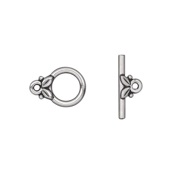 Clasp, TierraCast®, toggle, antique silver-plated pewter (tin-based alloy), 11.5mm round with leaves. Sold per pkg of 10. image number 0
