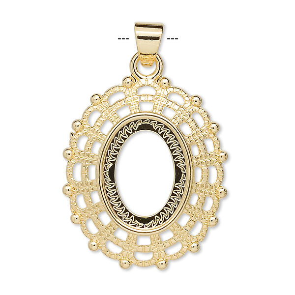Pendant, gold-plated "pewter" (zinc-based alloy), 28.5x24.5mm fancy oval with 16x12mm oval setting. Sold per pkg of 4. image number 0