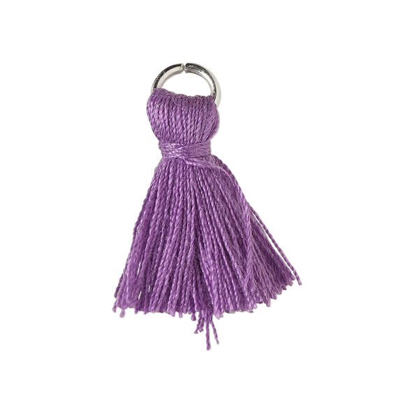Tassel, cotton and imitation rhodium-finished steel, purple, 20-24mm mini tassel with 6mm open jump ring. Sold per pkg of 6. image number 0