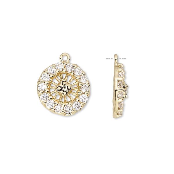 Drop, cubic zirconia and antique gold-finished bronze, clear, 14mm single-sided round wheel with 2mm faceted round. Sold individually. image number 0