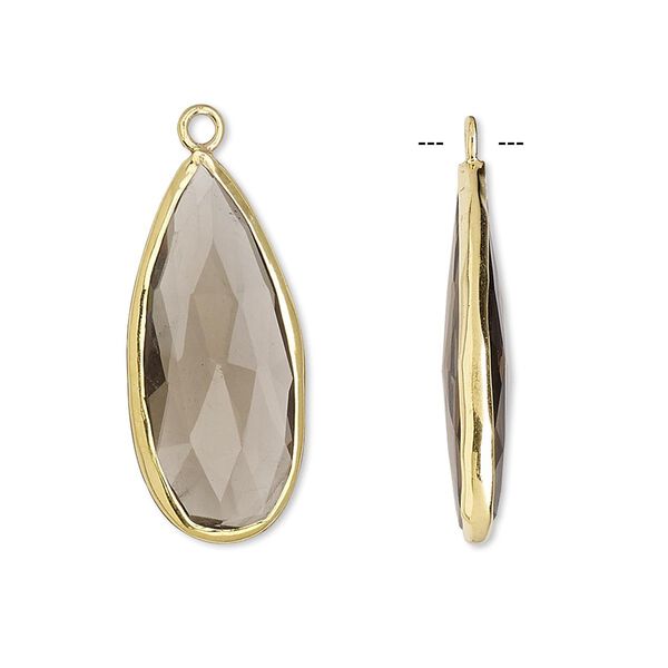 Drop, smoky quartz (heated / irradiated) and gold-finished sterling silver, 27x12mm double-sided faceted teardrop. Sold per pkg of 2. image number 0