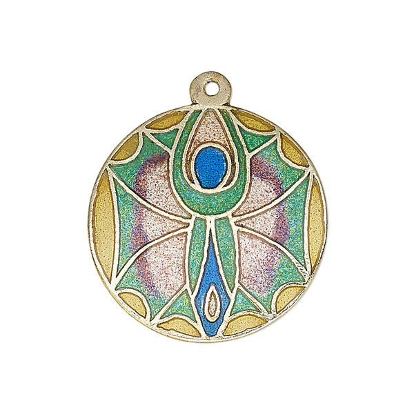Drop, enamel and gold-finished brass, multicolored, 25-26mm single-sided flat round with goddess design. Sold per pkg of 2. image number 0
