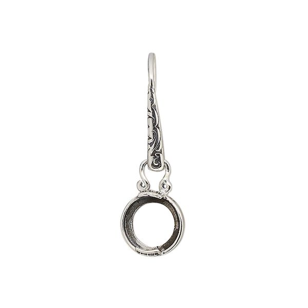 Earring fishhook 1pkg2 sterling silver, 29mm / fancy dot design / 8mm round 2-prong open back cab setting, 20 gauge antiqued 1 pair image number 0