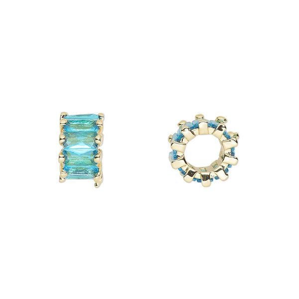 Bead, cubic zirconia and gold-plated brass, aqua, 10.5x6mm rondelle. Sold per pkg of 2. image number 0